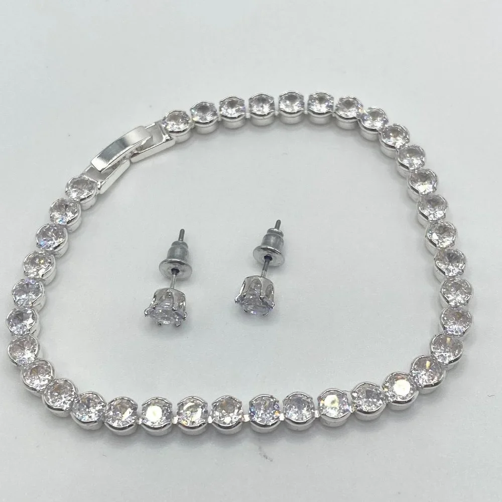 Silver Plated Cubic Zirconia Tennis Bracelet and Earring Set - Picture 1 of 8